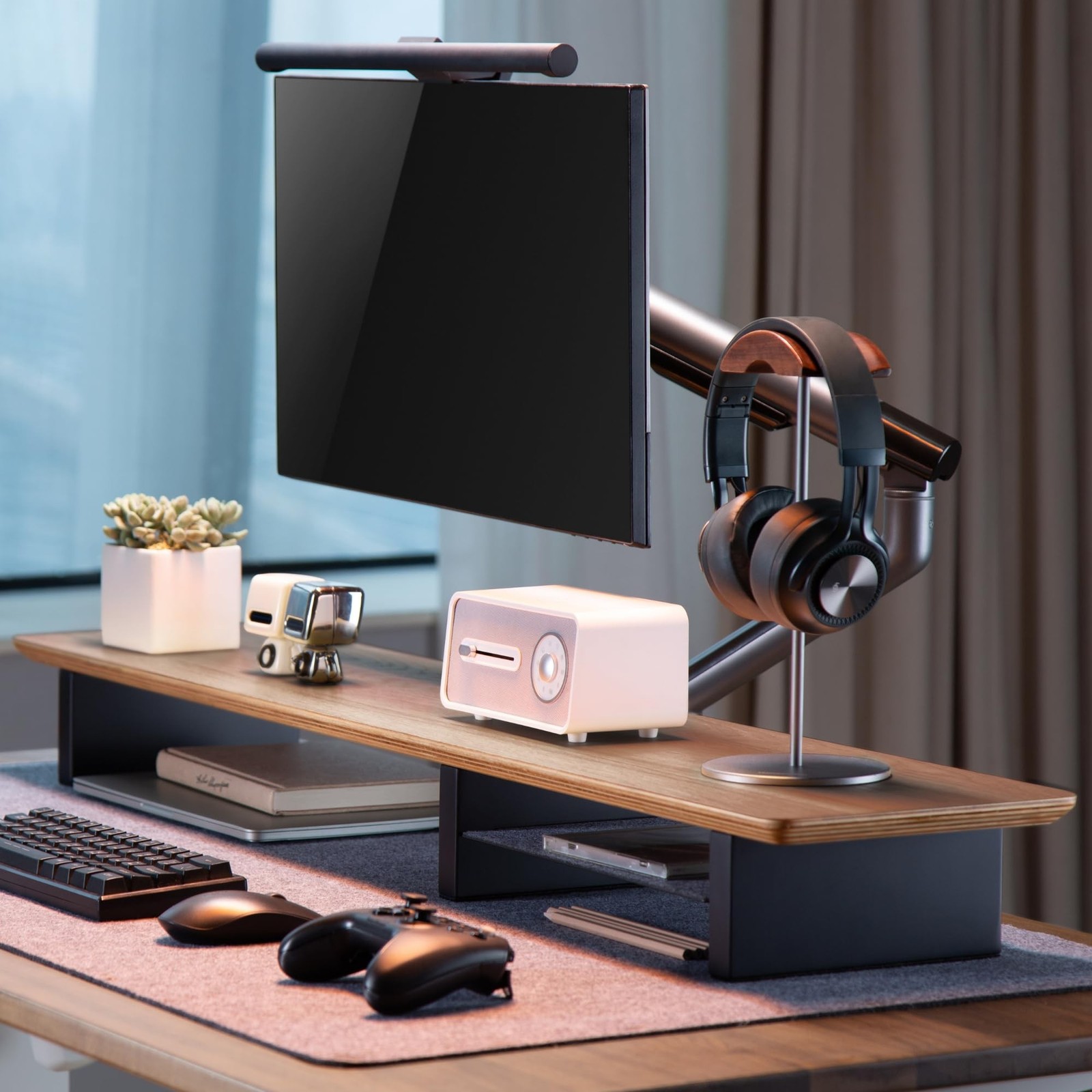 Walnut Monitor Stand for Desk (44 Inch) Large Monitor Stands for 2 Monitors, ...