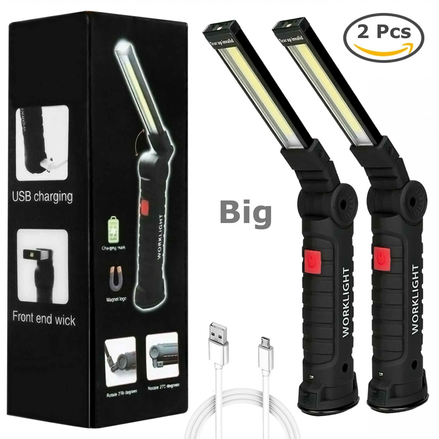 2PCS Magnetic Rechargeable COB LED RED Work Light Lamp Flashlight Folding Torch