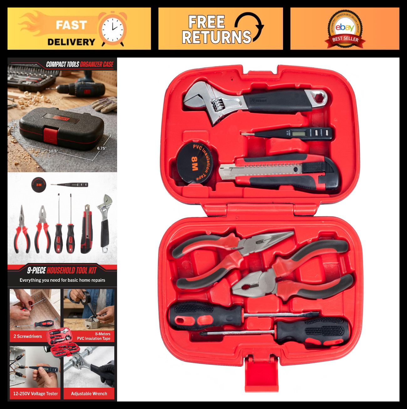 9-Piece Household Hand Tools Set - Essential DIY Kit for Home Repairs & Maintena