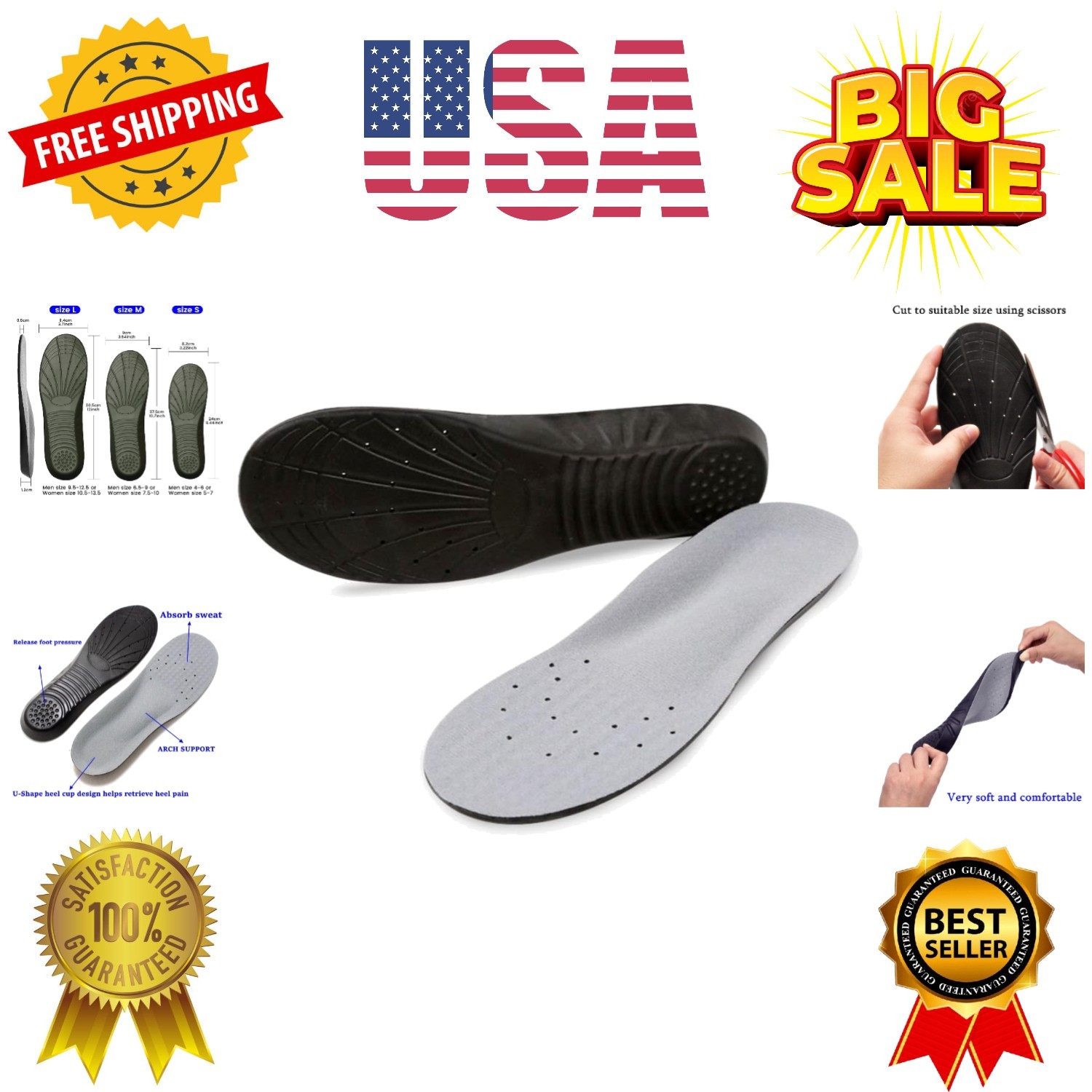 Shoe Insoles, Memory Foam Insoles, Providing Excellent Shock Absorption and C...