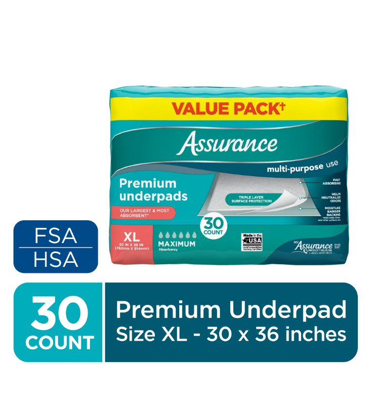 Assurance Unisex Premium Underpad for Adults, XL , Maximum Absorbency (30 Count)