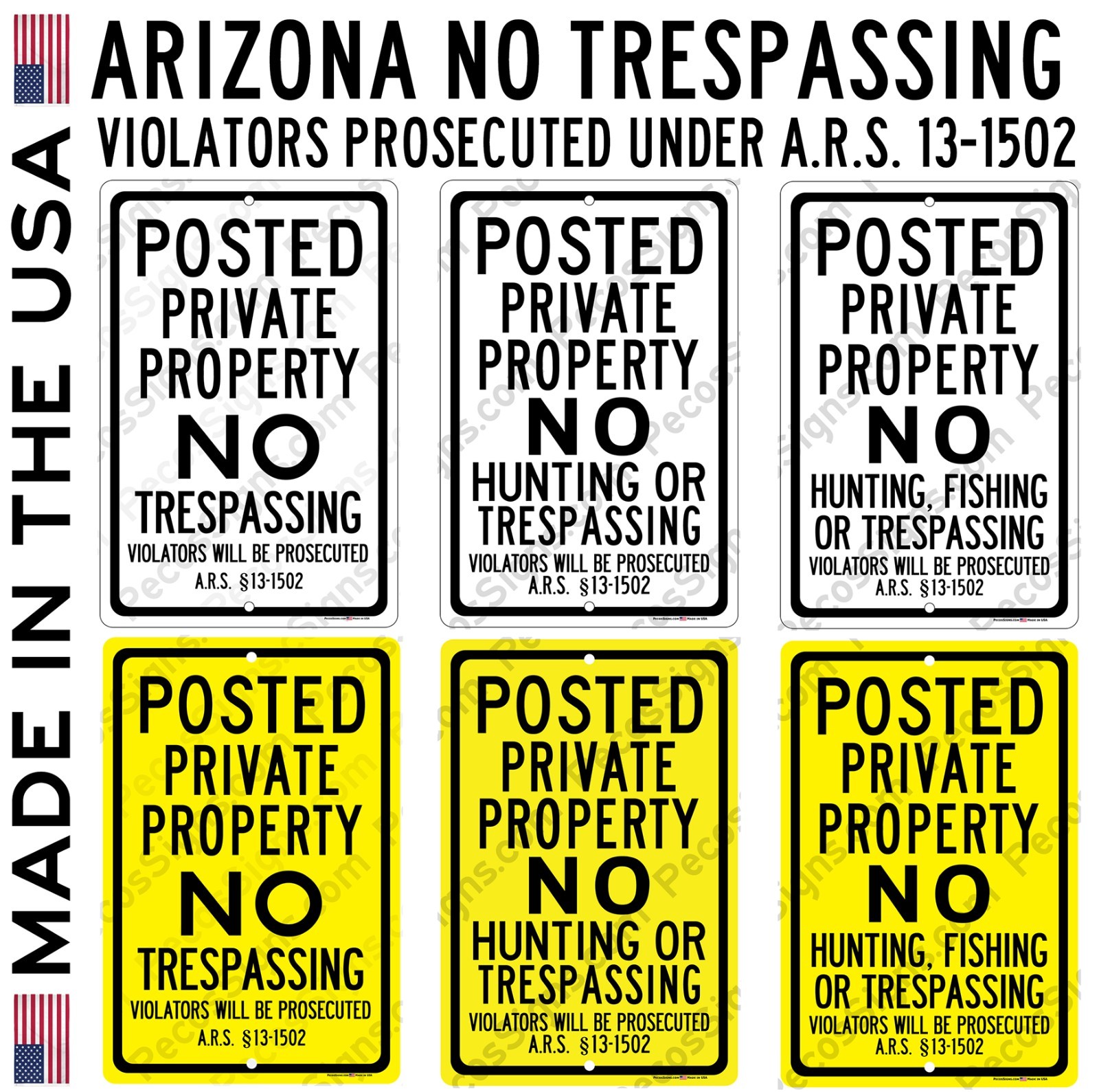 Arizona Private Property No Trespass Statute ARS 13-1502 8" x 12" Aluminum Sign