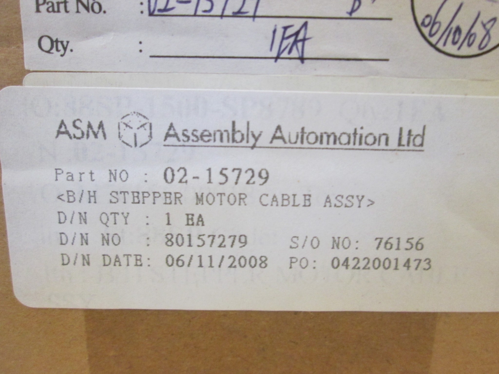 ASM, B/H Stepper Motor Cable Assy, 02-15729, New