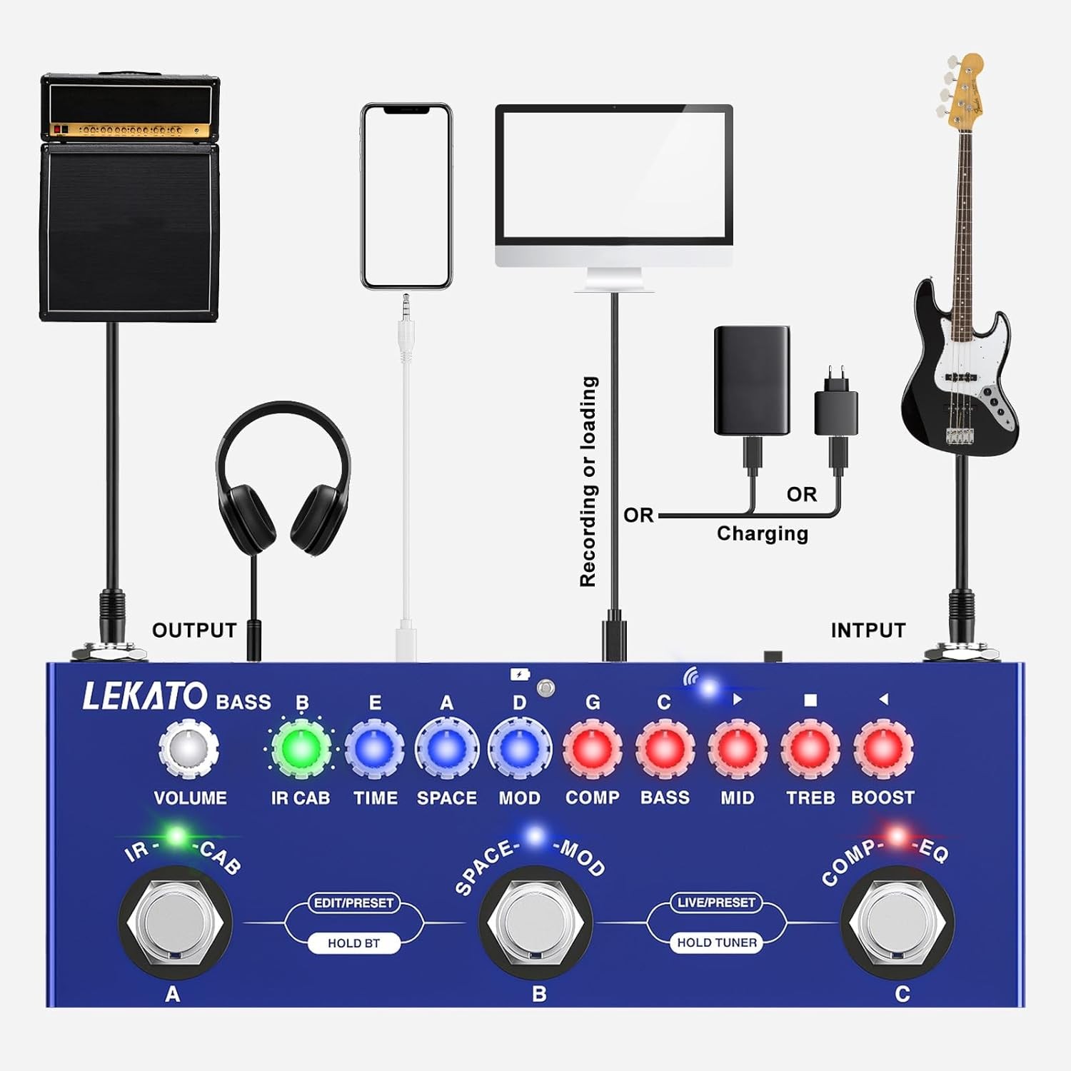 Lekato Bass Multi Effects Pedal Guitar Effects IR Loading 9 AMP Models Delay