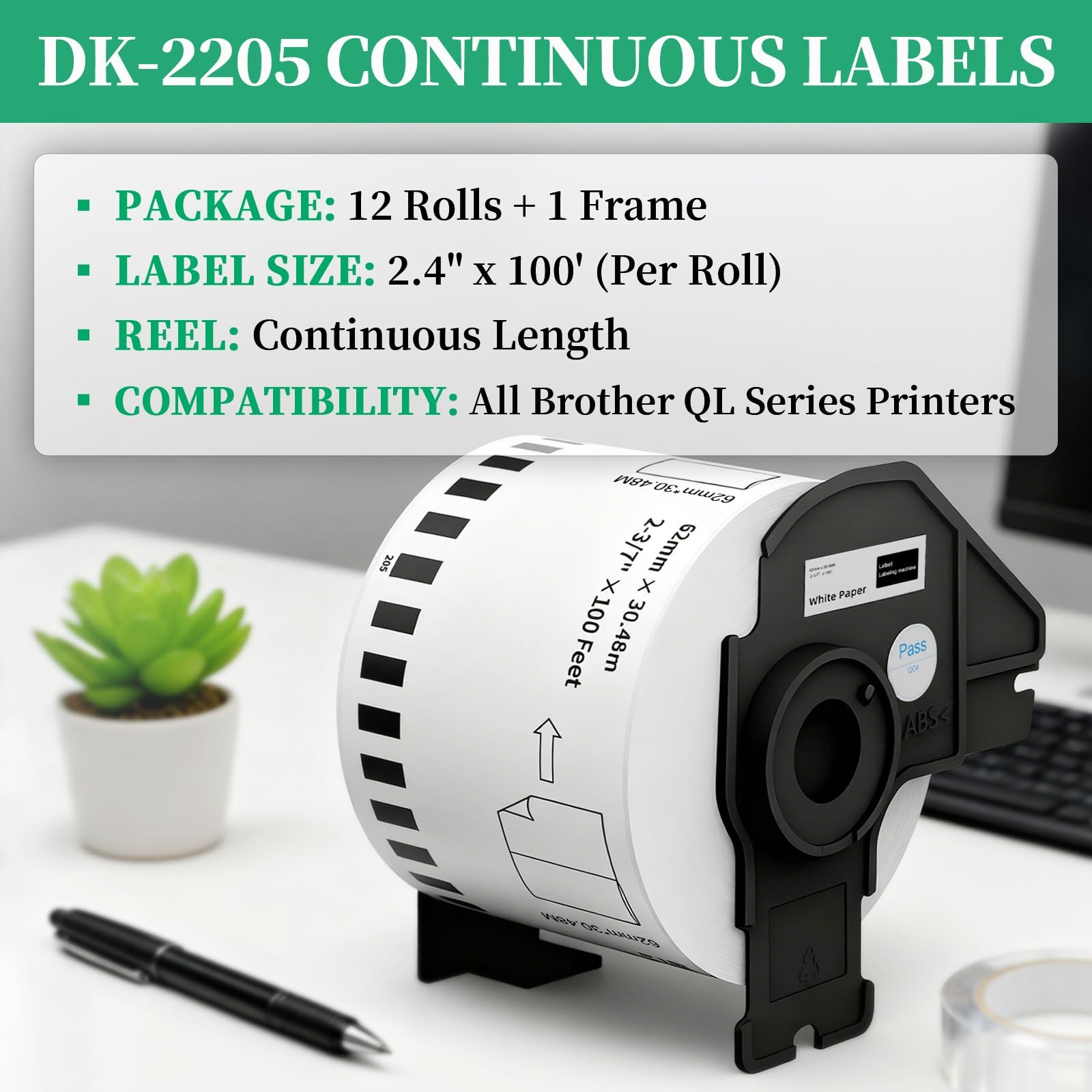 12 Rolls Replace Brother Continuous Label DK-2205 (2.4" X 100') Compatible wi...
