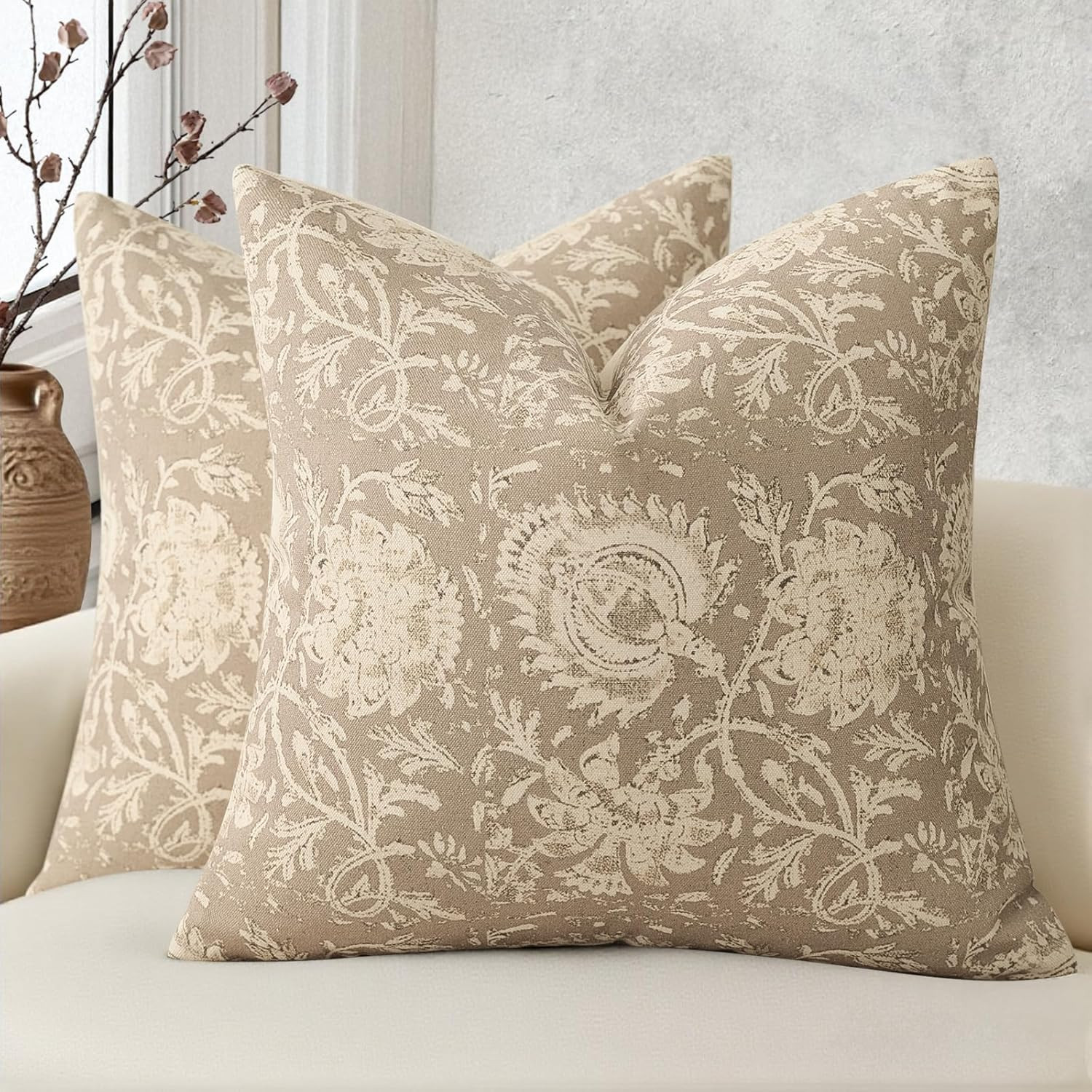 Vintage Floral Print Throw Pillow Covers 18x18 Set of 2 Neutral Modern Farmhouse
