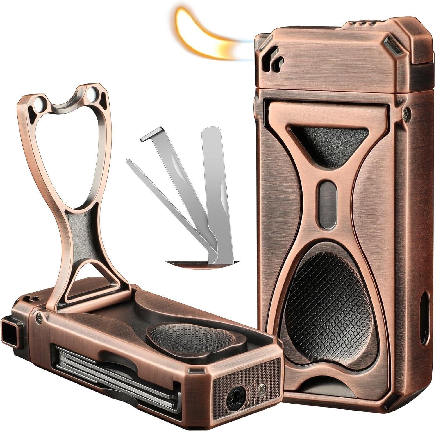 Pipe Lighter with Stand, 3 Collapsible Cleaning Tools, Refillable ,Bronze Color