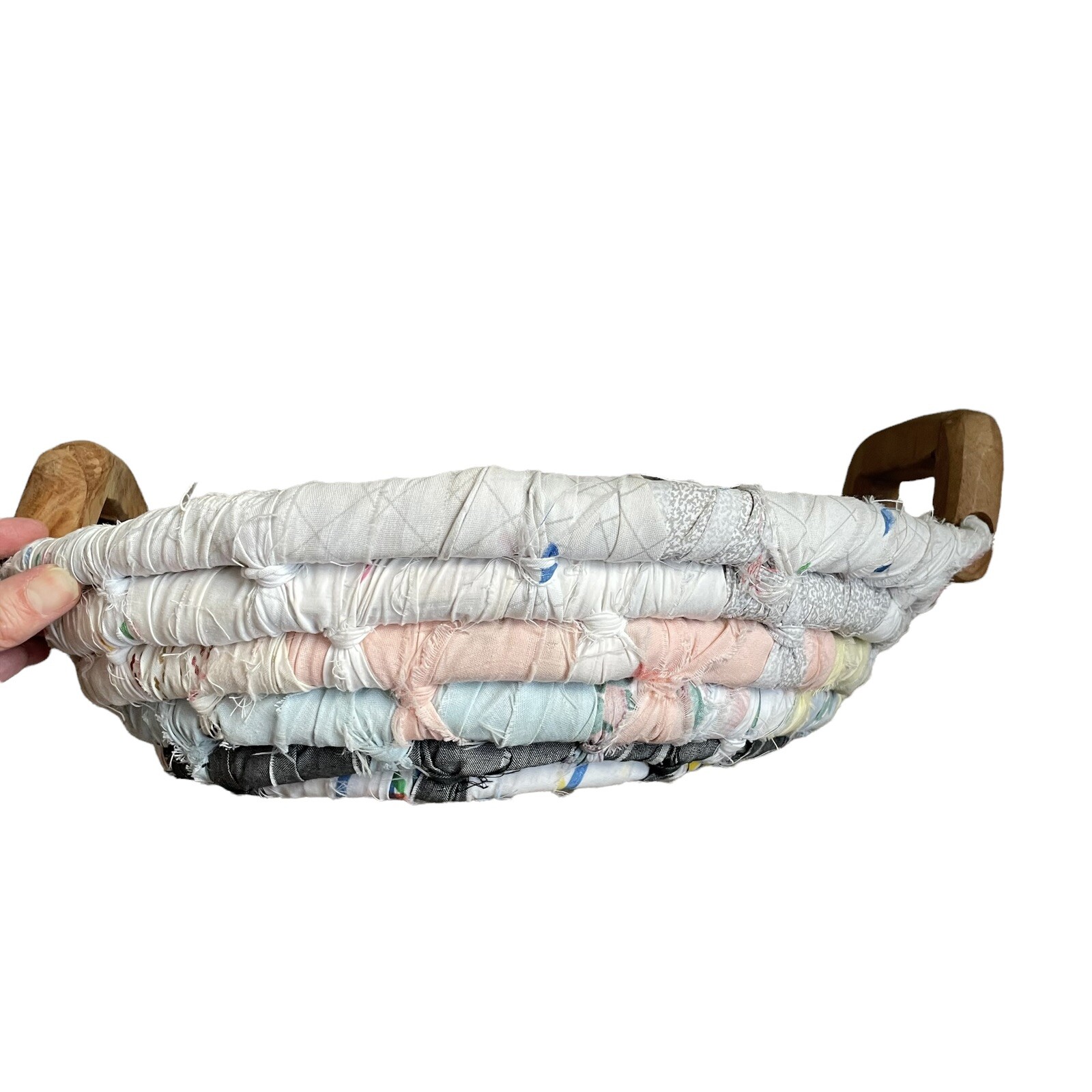 Vtg Coiled Cotton Basket Fabric Hand Woven Pastel Farmhouse 20 3/4 x 16 x 5 3/4