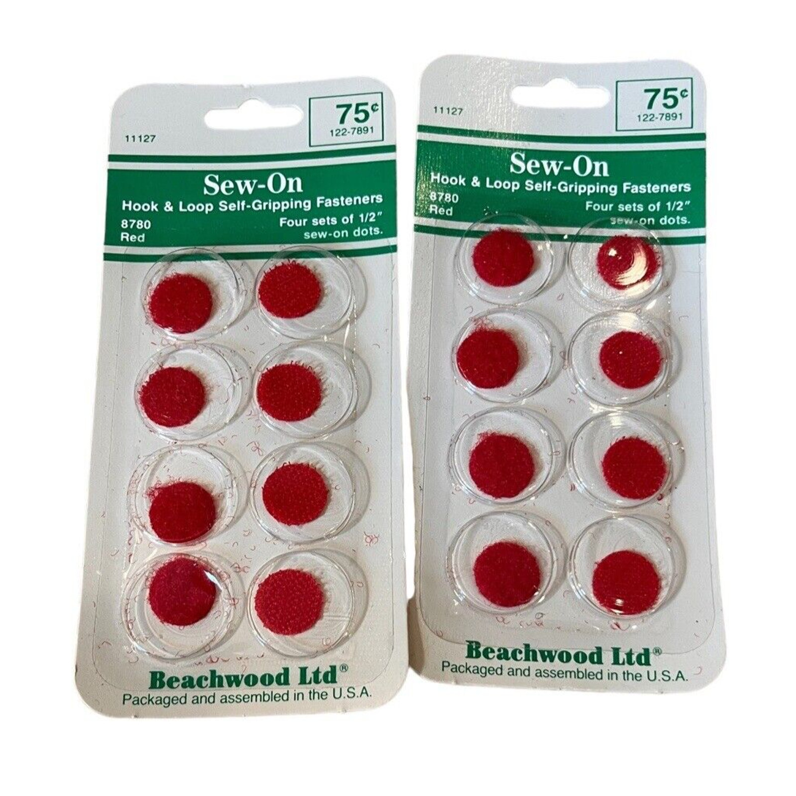 2 packs Hook & Loop Red 1/2" Dots Medium Stress Fastener Sewing Beachwood Vntg