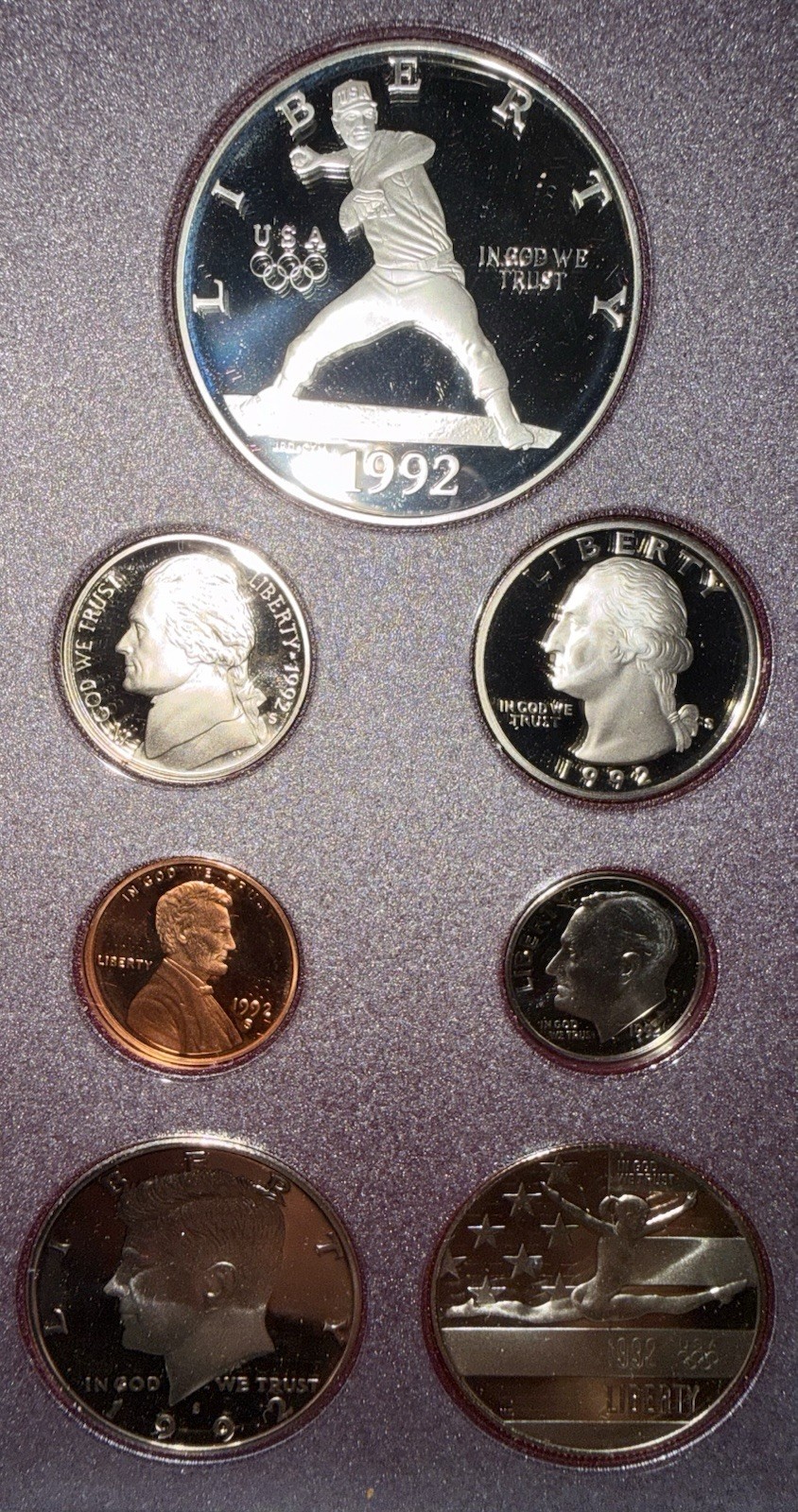 ⭐️1992 S Prestige Proof Set Olympics 90% Silver Dollar 7 US Coins⭐️