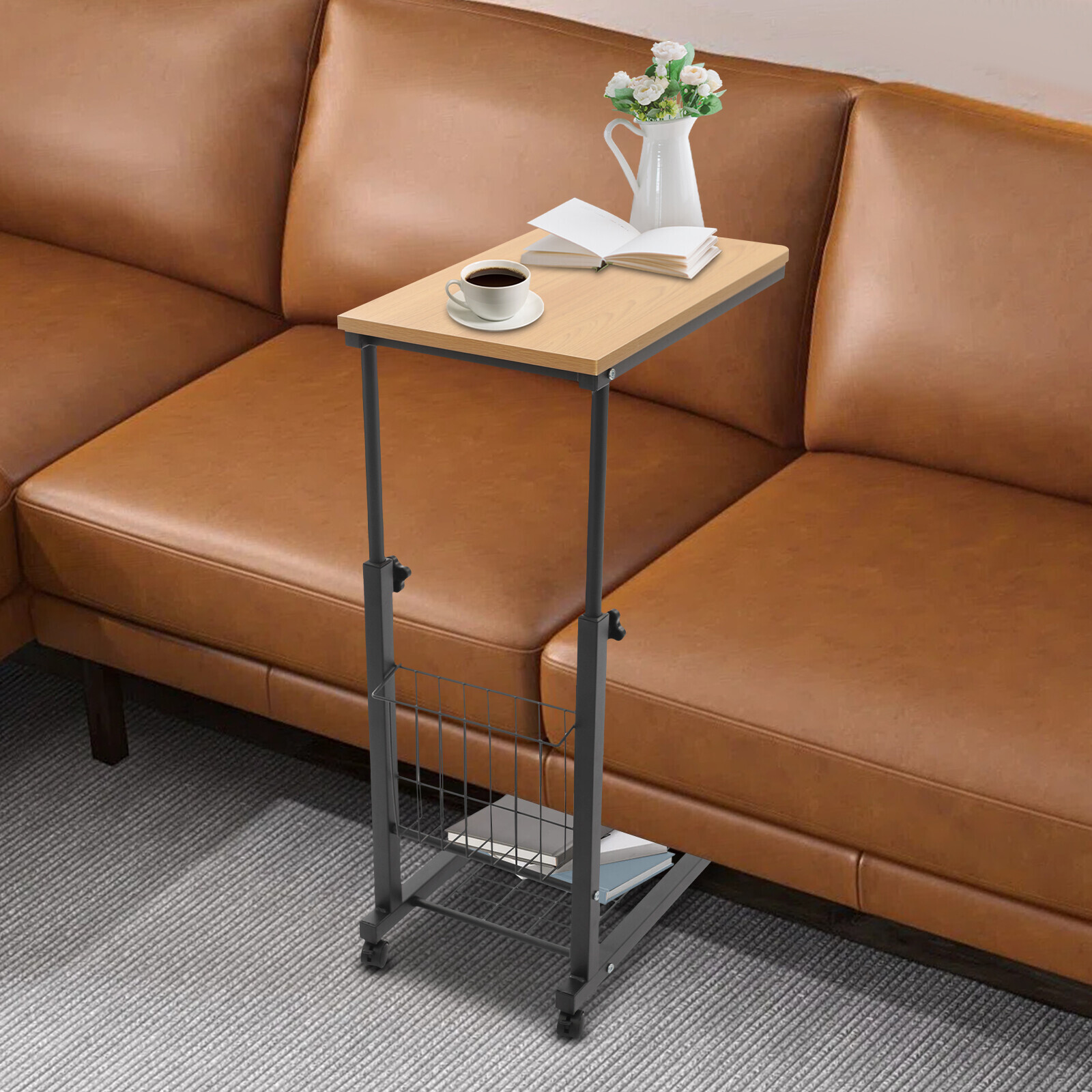 Height Adjustable C-Shaped Teak 2-Tier Bedside Table with Wheels & Brakes
