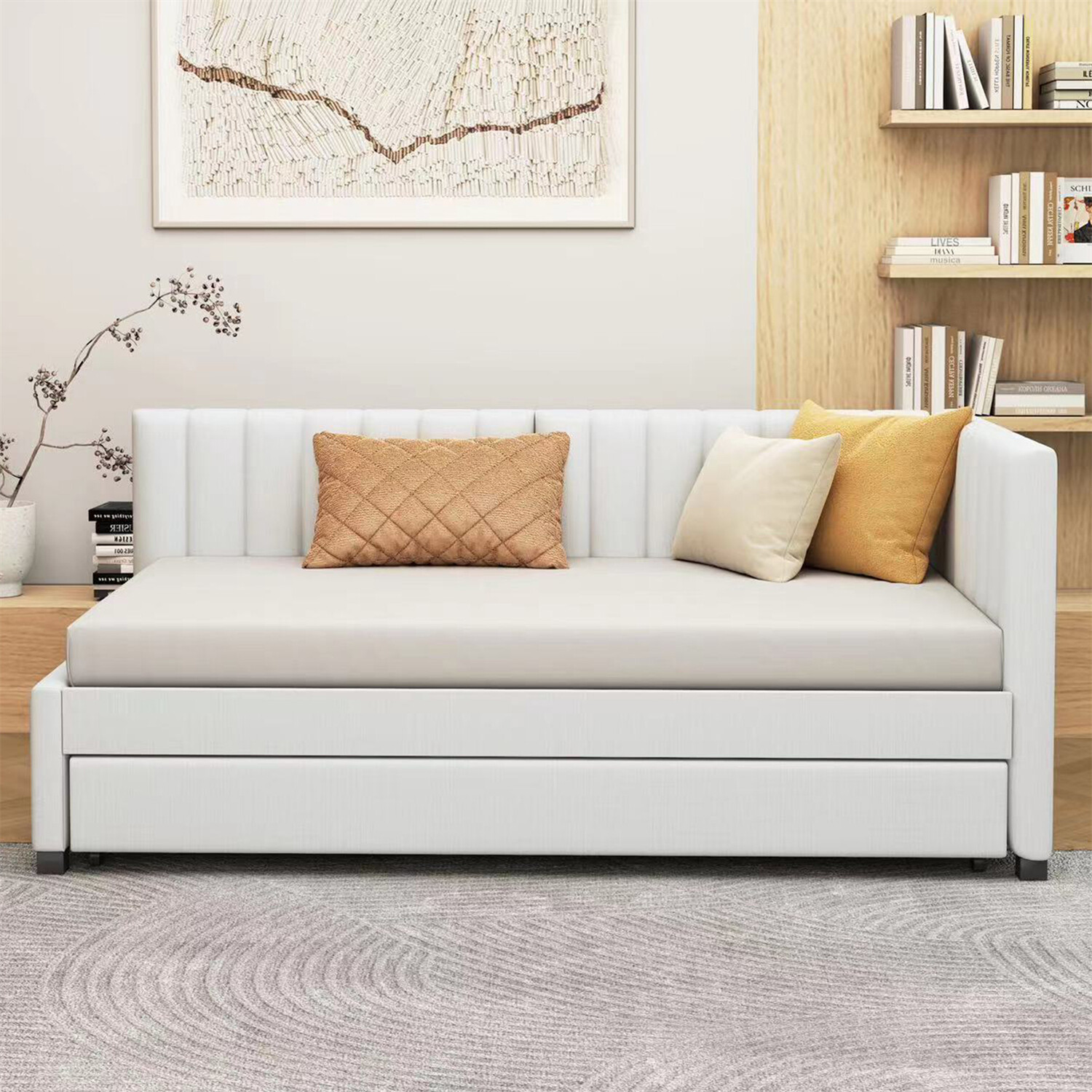 Twin Size Daybed with Pull-Out Trundle Linen Upholstered Bed Frame Sofa Bed US