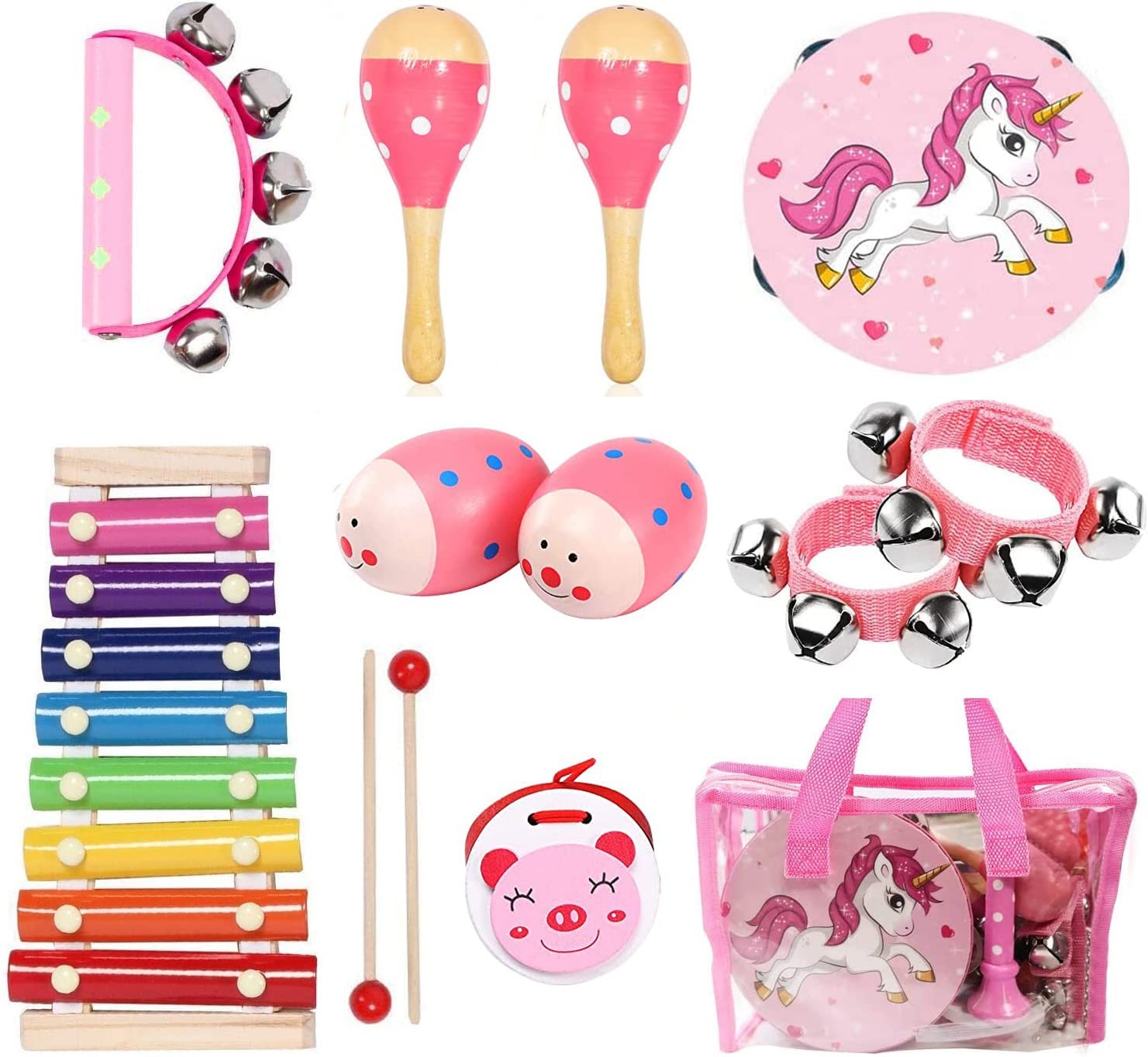 Musical Instrument Set for Kids - 12 Wooden Percussion Toys for Education