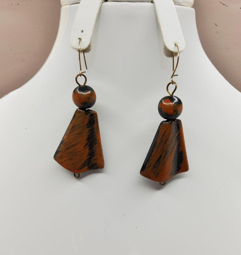 Vintage bohemian geometric 1.75" black and orange dangle pierced fashion earring