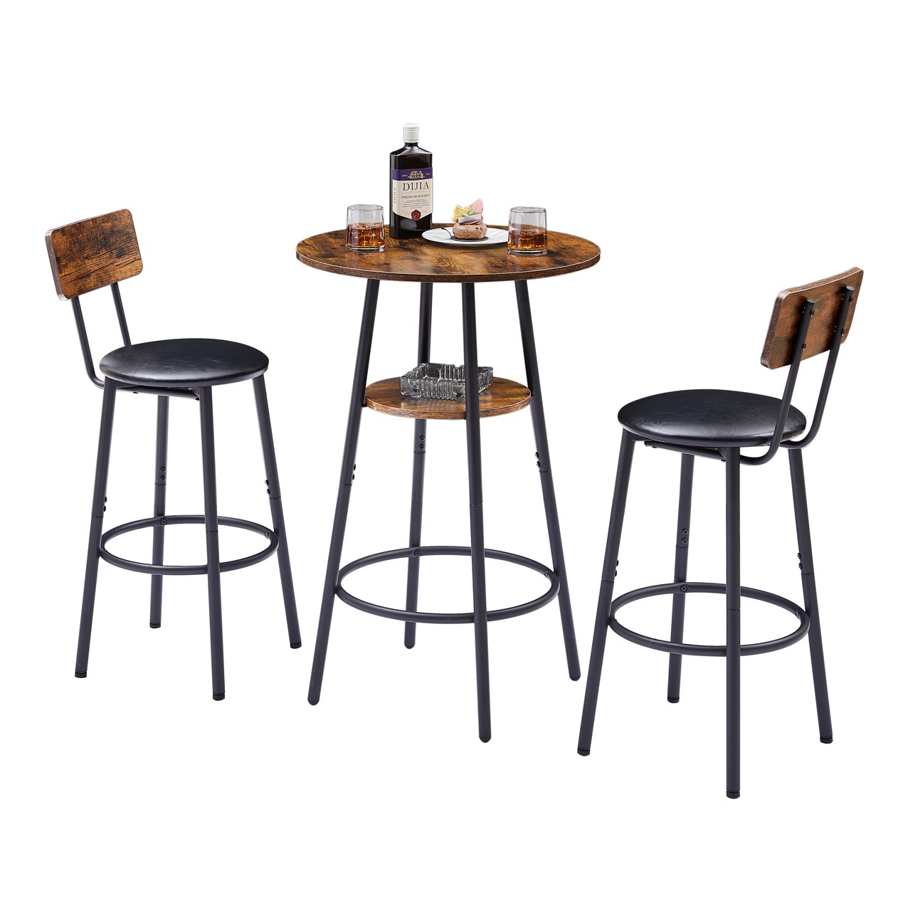 Rustic Brown Upholstered Round Bar Stools - With Shelf