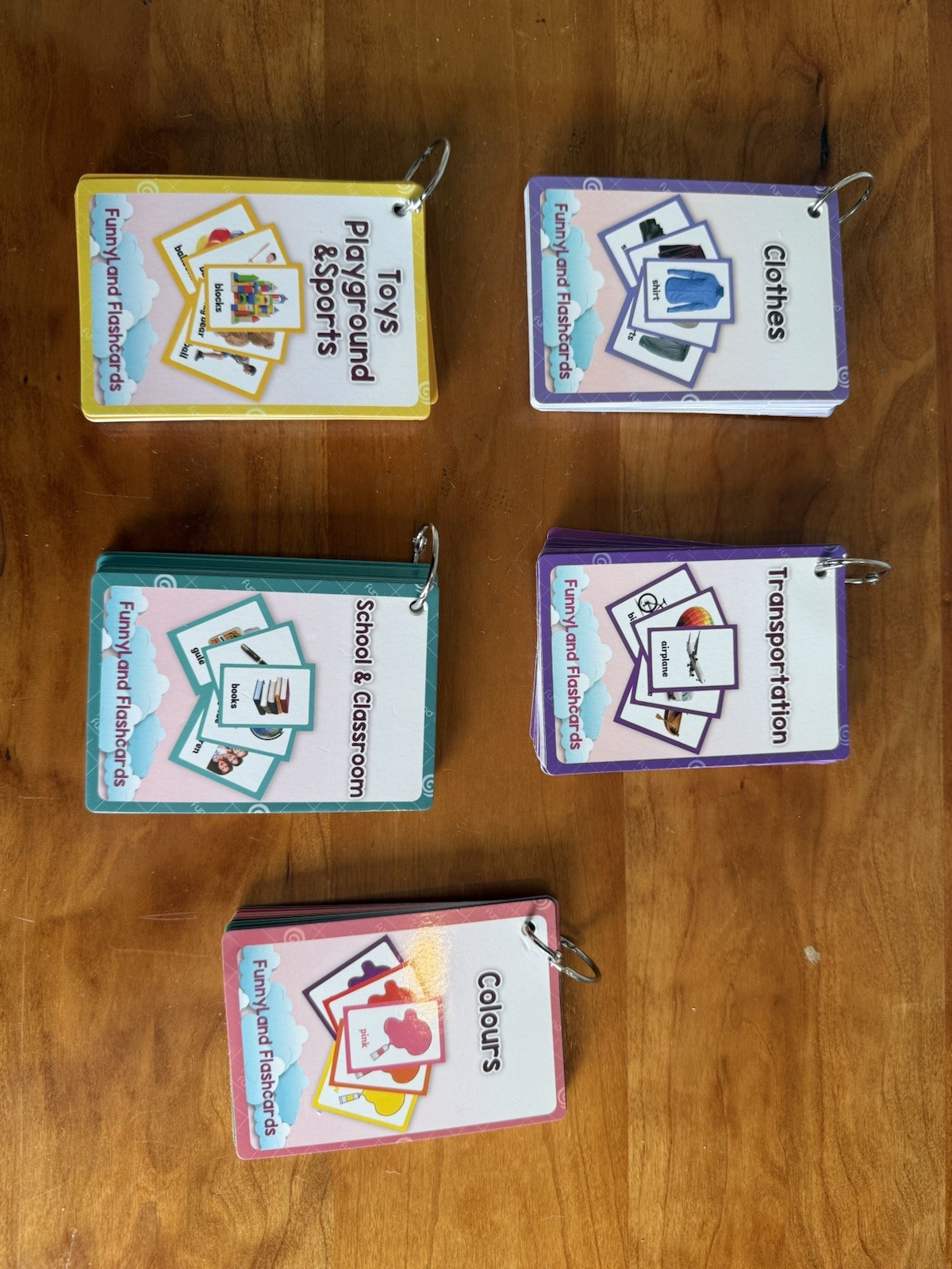 Set of 5 Decks of Vocabulary Cards: Clothes, Toys, School, Colors Transportation