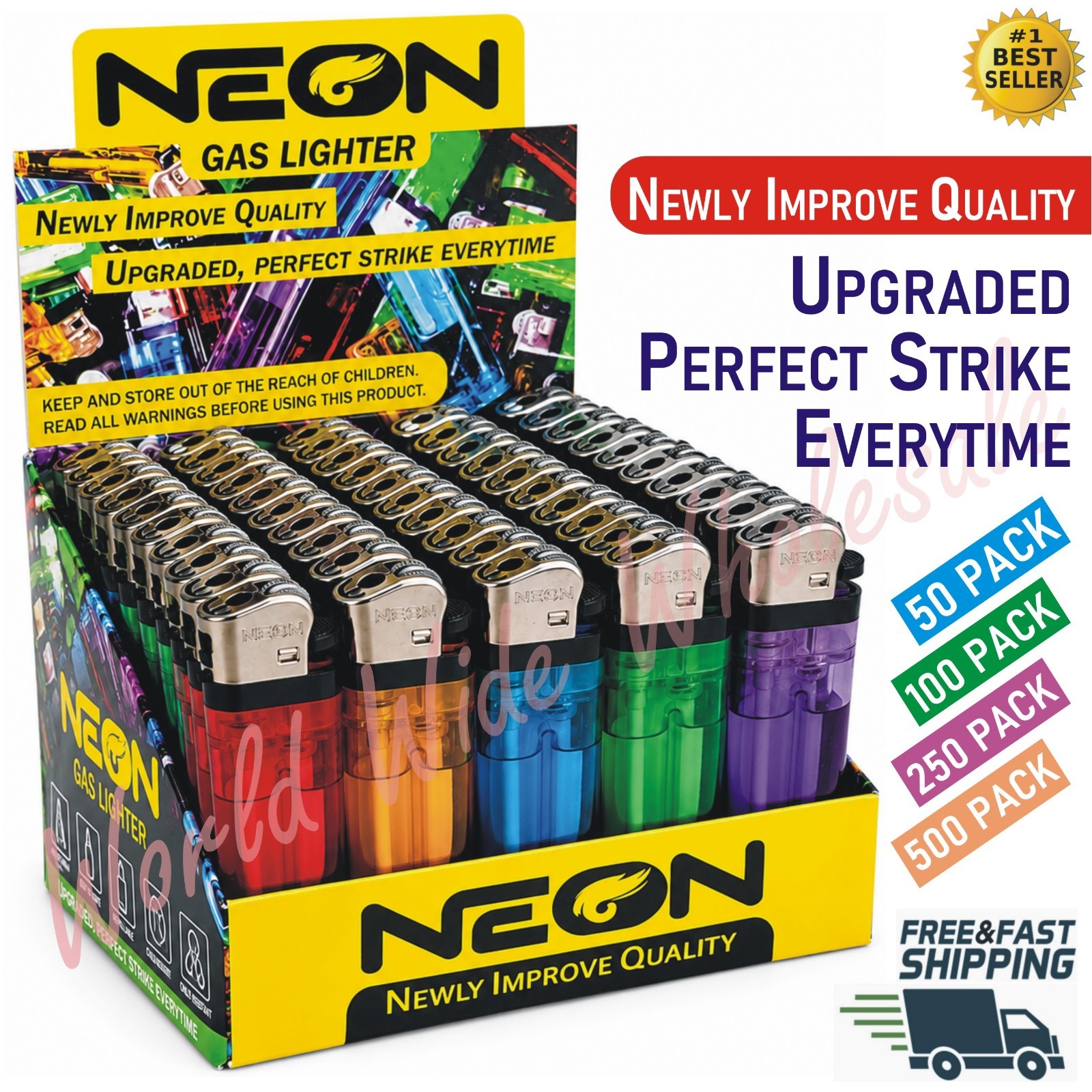 NEON Disposable Cigarette Flint Lighters 50ct Display Bulk Wholesale