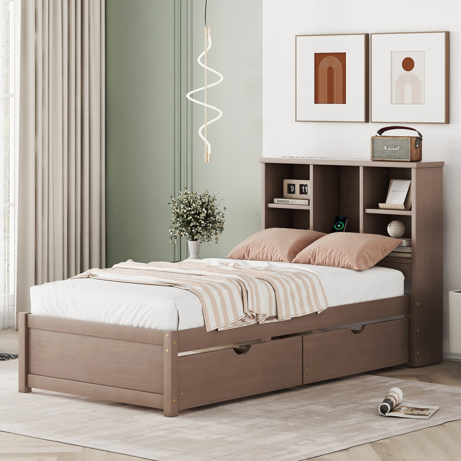Twin Size Bed Frame With Built-in USB Port on Bookcase Headboard and 2 Drawers