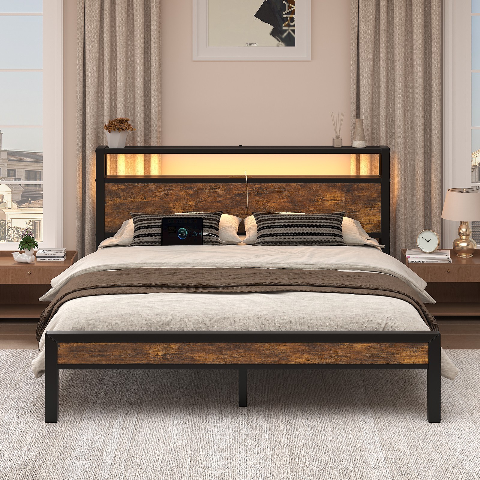 Queen LED Light Bed Frame with 2-Tier Storage Headboard and Charging Station