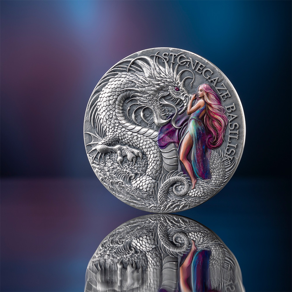 2025 Cameroon Stonegaze Basilisk The Dragonology 2 oz Antique finish Silver Coin