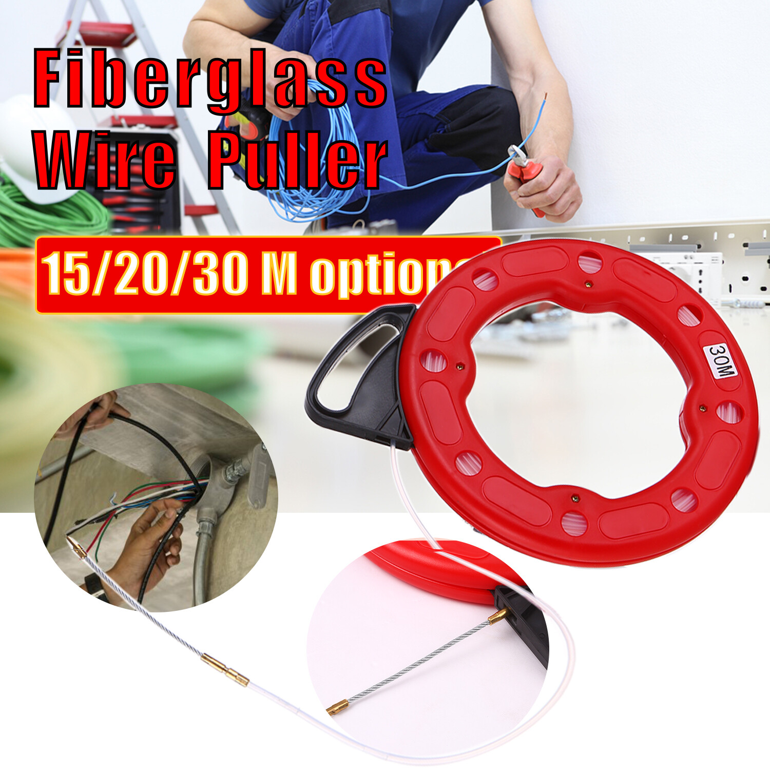 30M Fiberglass Fish Tape Reel Puller Conductive Electrical Cable Puller Pipe