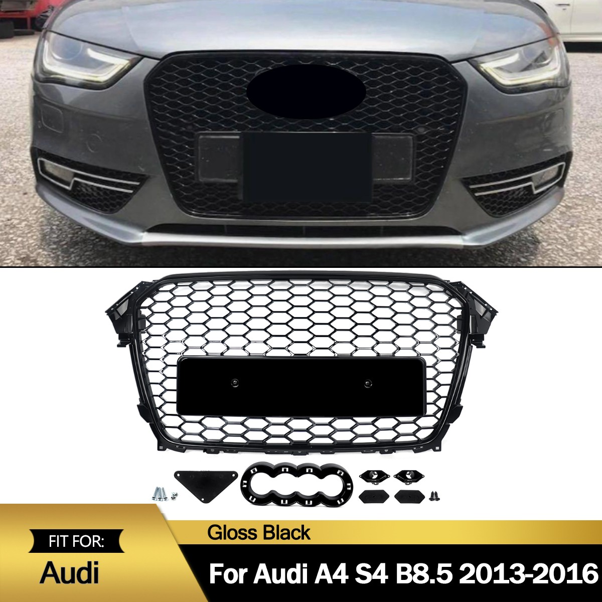For 2013-2016 Audi A4 S4 B8.5 RS4 Style Glossy Black Front Bumper Grille Grill