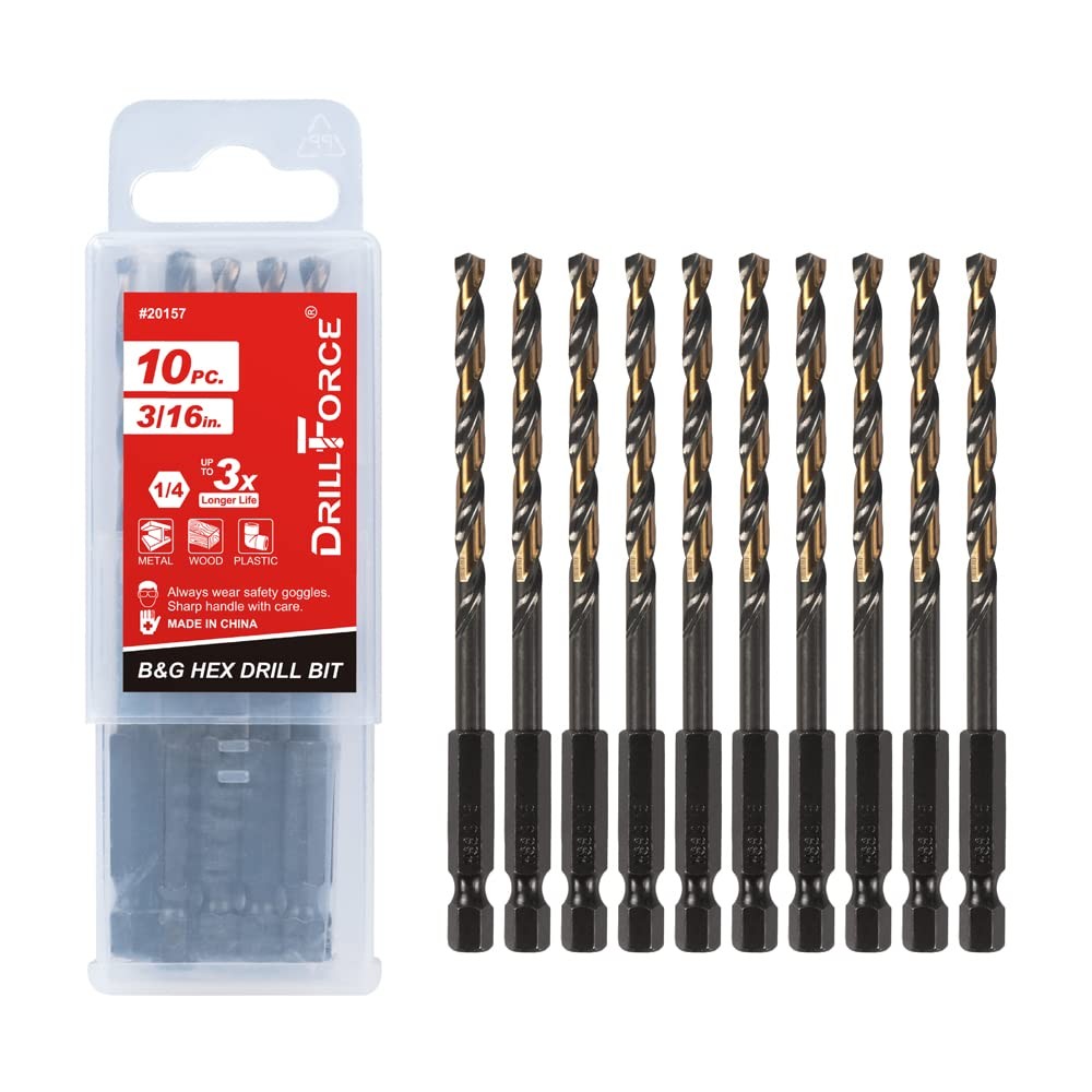 10PCS 3/16" Hex Drill Bit Set, HSS Black Gold for Copper, Aluminum, Wood