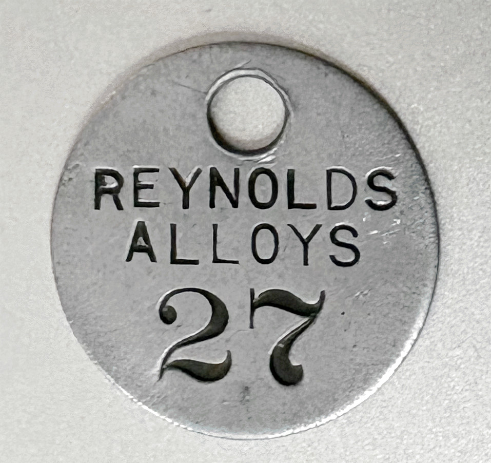 Vintage Tool Check Tag: REYNOLDS ALLOYS; Aluminum Products; Sheffield, Alabama