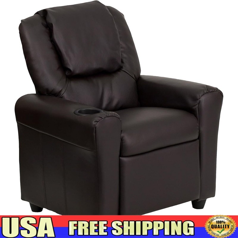 Children's Recliner Chair Foam Upholstered Kid-Friendly Cup Holder Durable Frame