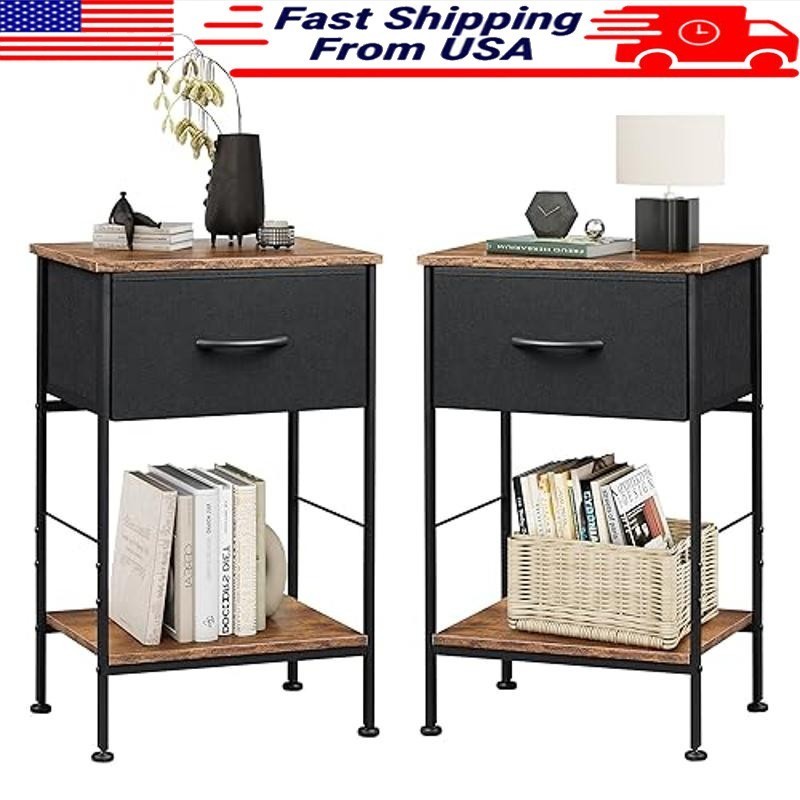 Nightstand Set of 2 W/ Drawer Wood Shelf Steel Frame 25" Black & Brown Pair New
