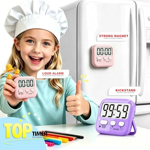2 Pack Digital Timer for Kids, Magnetic Countdown Kitchen 2 * Pink + Purple