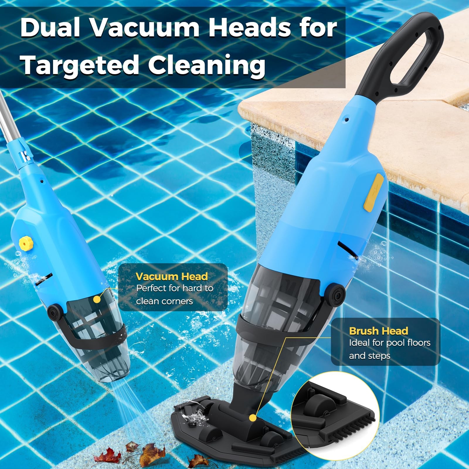 Powered Cordless Handheld Pool Vacuum, Rechargeable Pool Cleaner 60 Mins Runtime