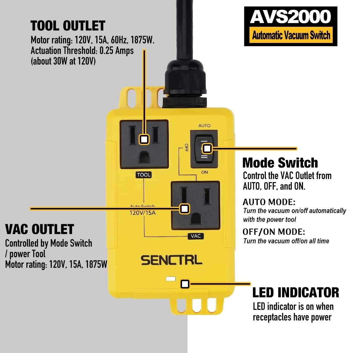 SENCTRL AVS2000 Automatic Vacuum Switch 120V 15A Dust Collector Power Tool New