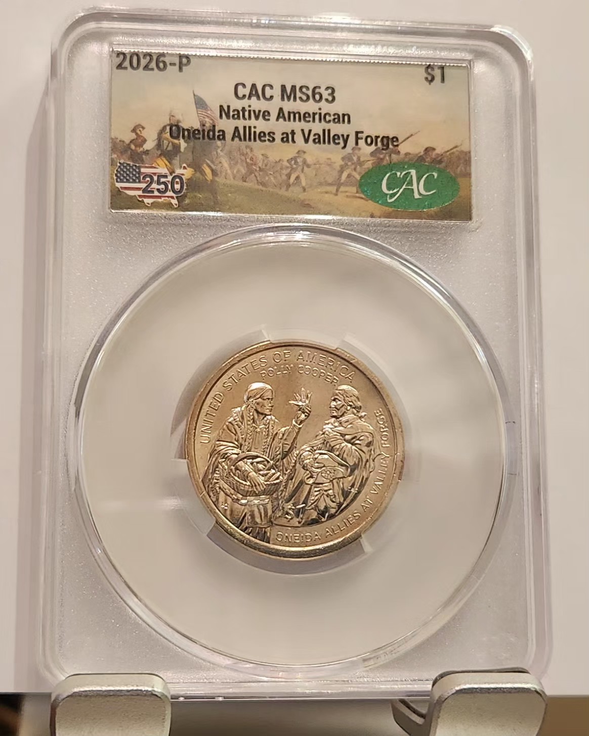 CAC 2026 P MS 63 Sacagawea Dollar Coin - Oneida Allies At Valley Forge
