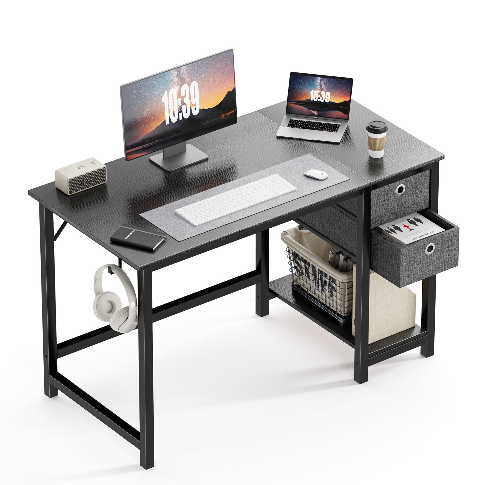 Office Work Table  40/47 In, 2 Tier Drawers, Storage Shelf and Headphone Hook