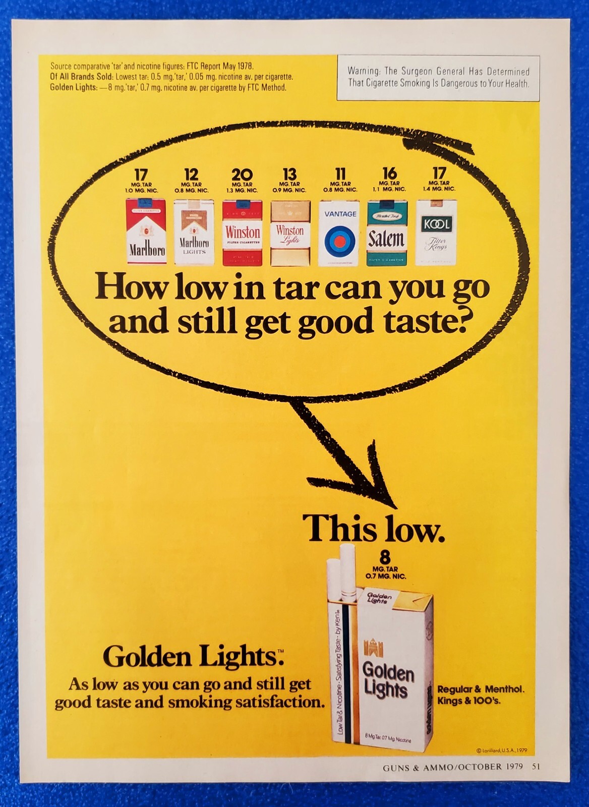 CLASSIC 1979 GOLDEN LIGHTS CIGARETTE REGULAR AND MENTHOL ORIGINAL PRINT AD