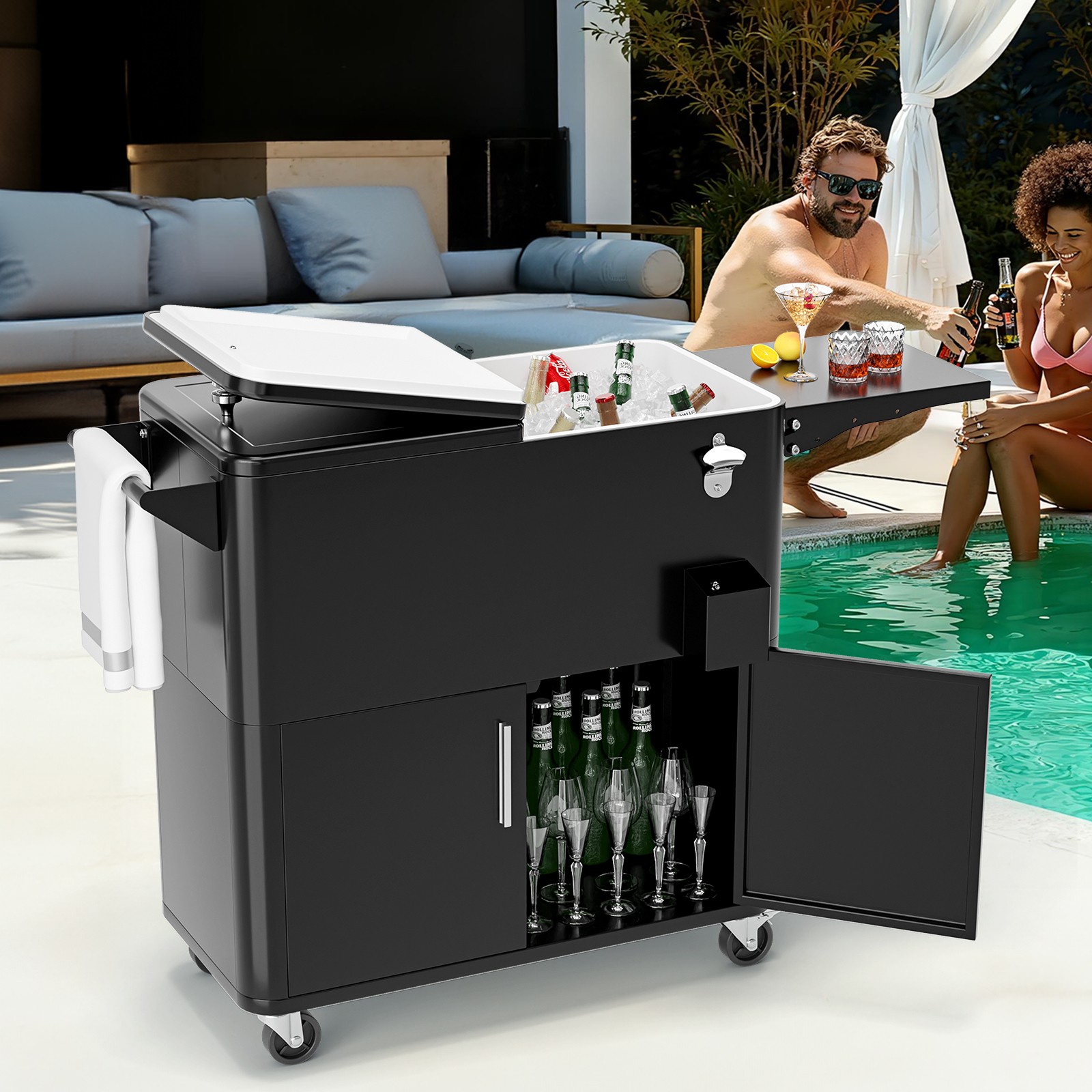 80QT Patio Rolling Cooler with Wheel, Storage Chest for Party Picnic Cooler Cart