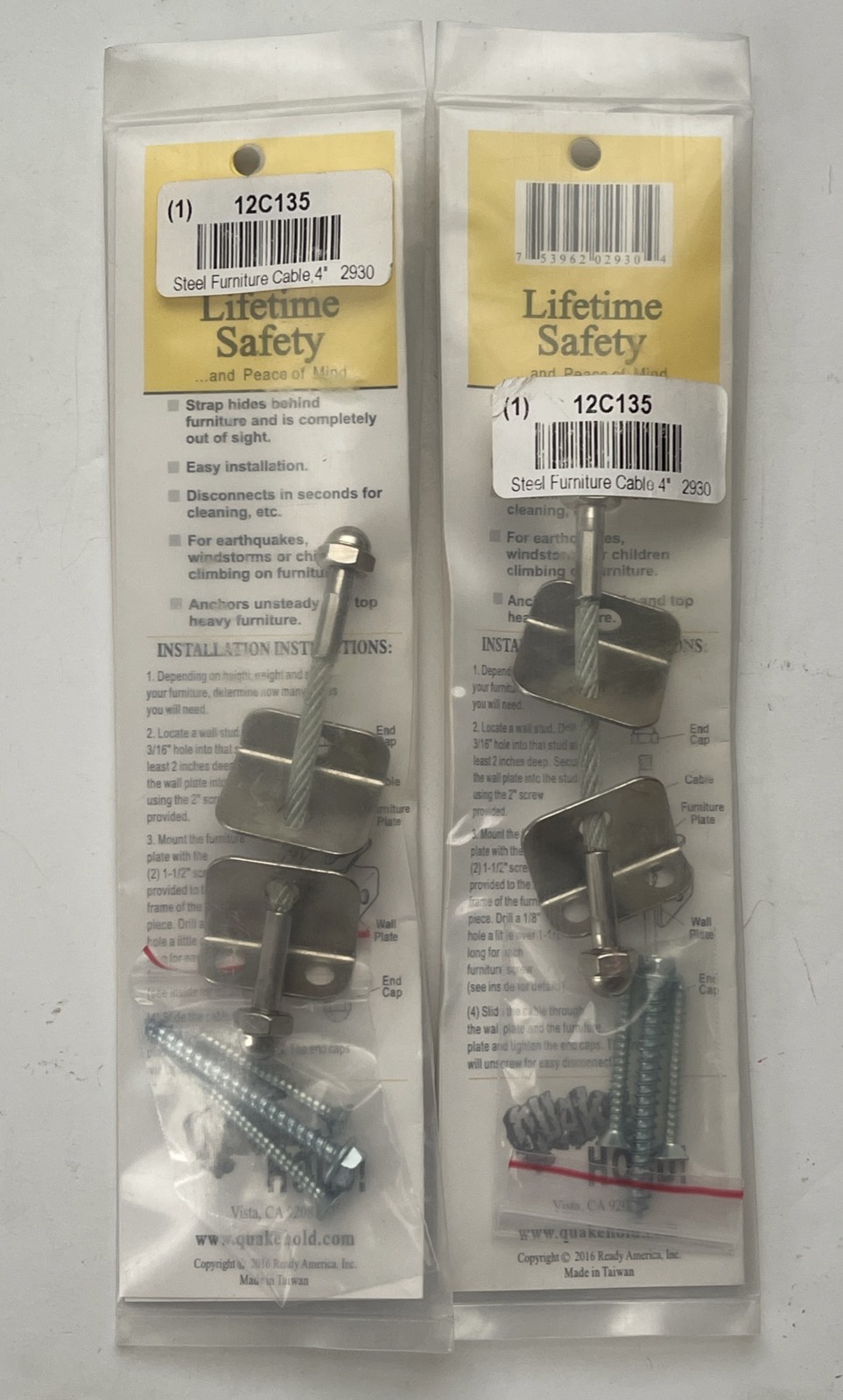 Lot of 2 Quakehold Heavy Duty Steel Furniture Cable 4in 2930