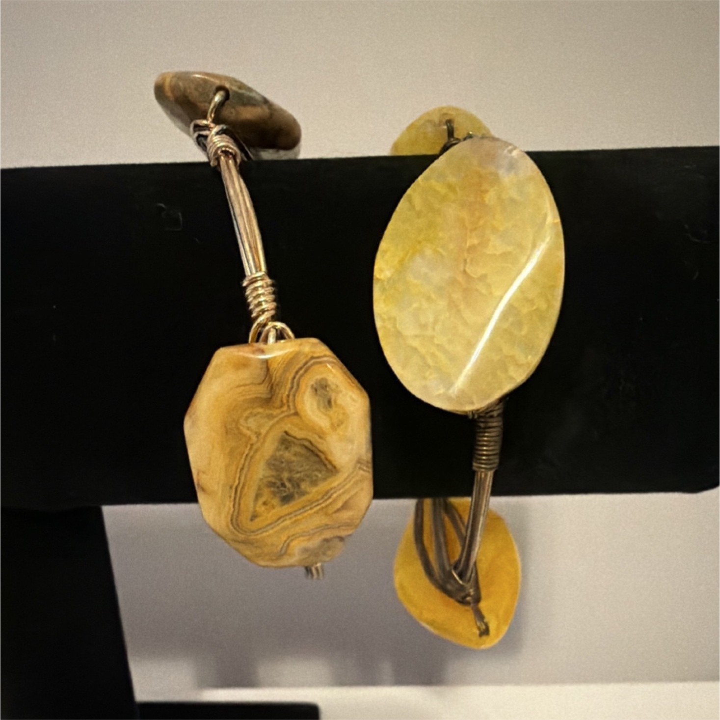 2 Handcrafted Wire Wrapped Agate Bangle Bracelet Yellow Brown Stone