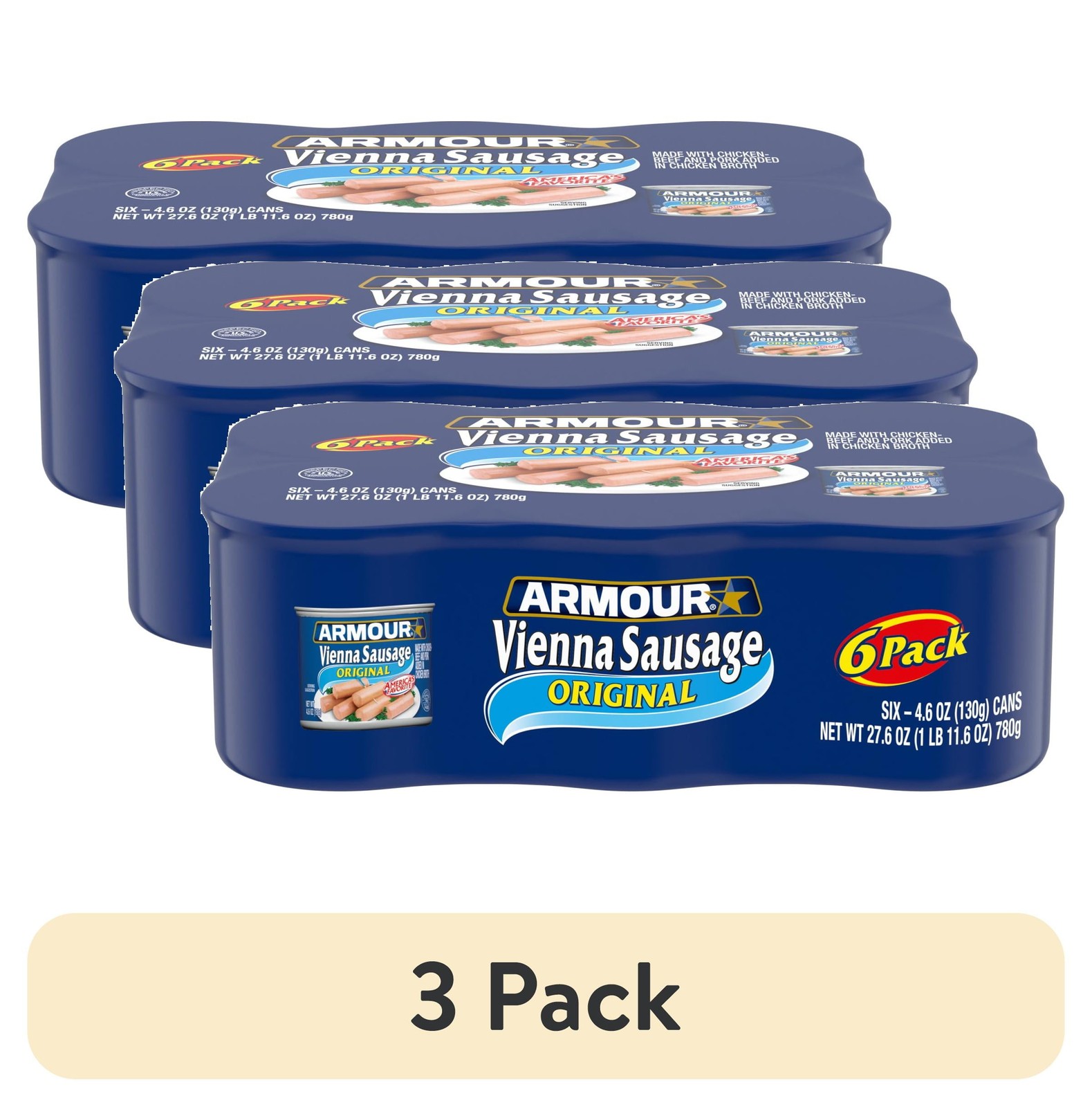(3 pack) Armour Star Vienna Sausage, Original Flavor, Canned Sausage, 4.6 oz