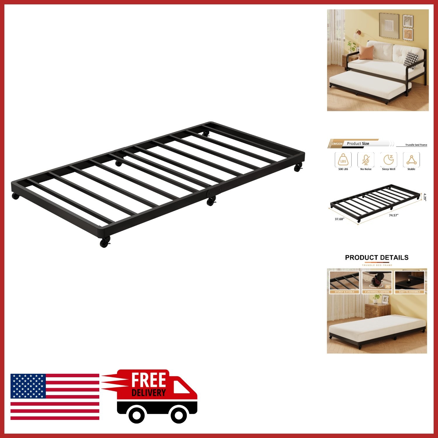 Black Twin Trundle Bed with Lockable Casters for Easy Storage and Convenience