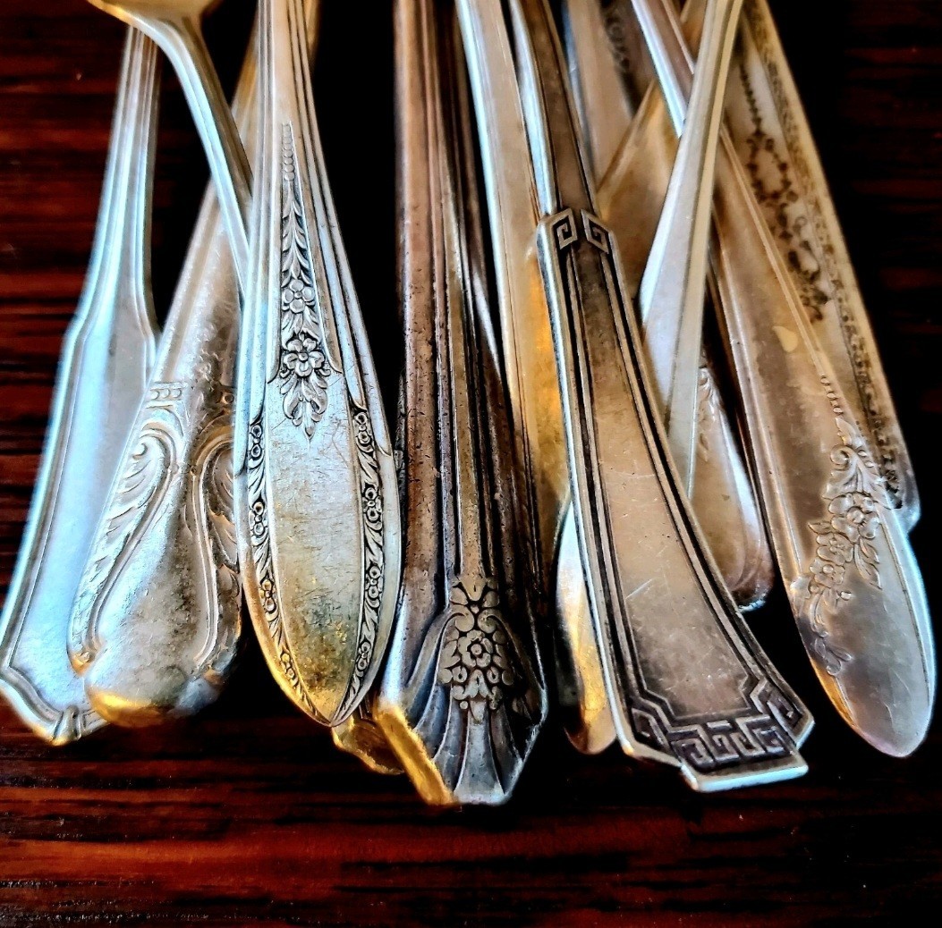 Vintage Sets Of Mismatched Silverplate Flatware Eclectic BOHO 15 Pc + 2 Serving