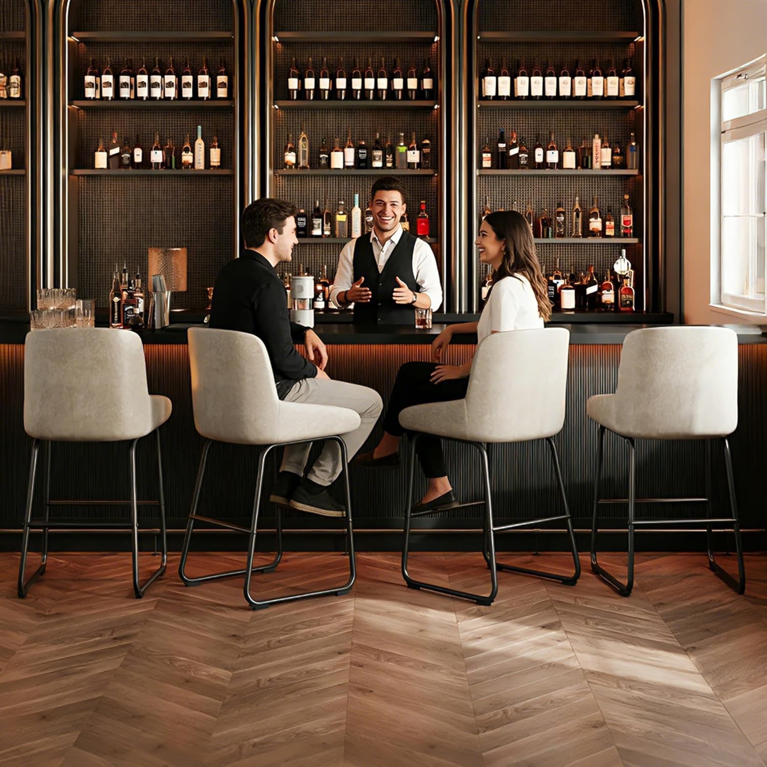 PU Leather Barstools, Counter Height with Backrest & Footrest for Kitchen Island