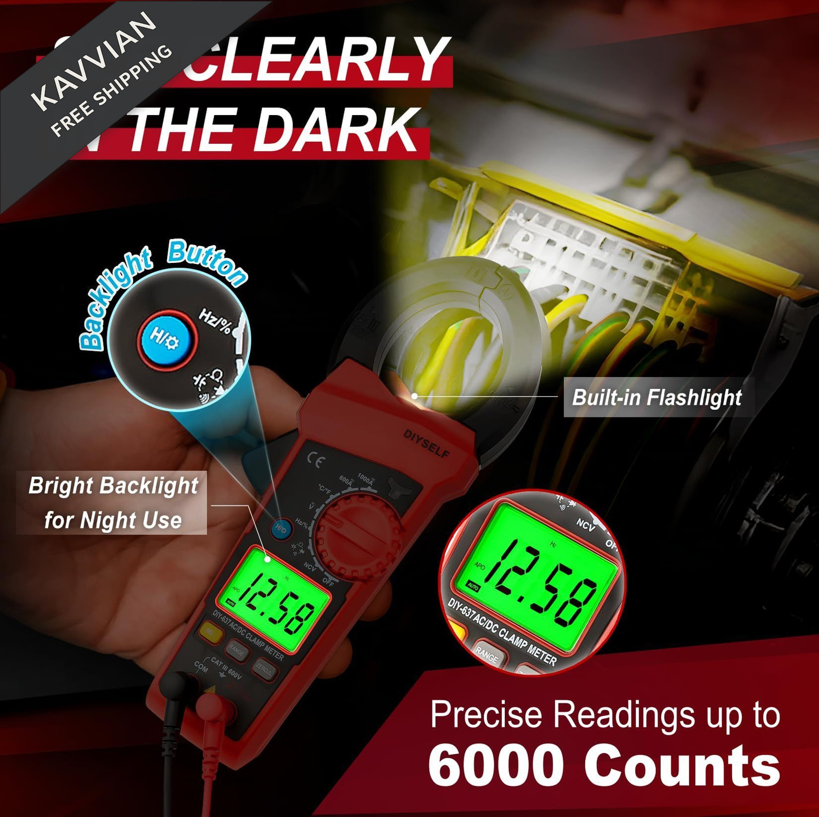 DIYSELF 6000 Counts Digital Clamp Meter, True RMS AC/DC Voltage Compact, Red