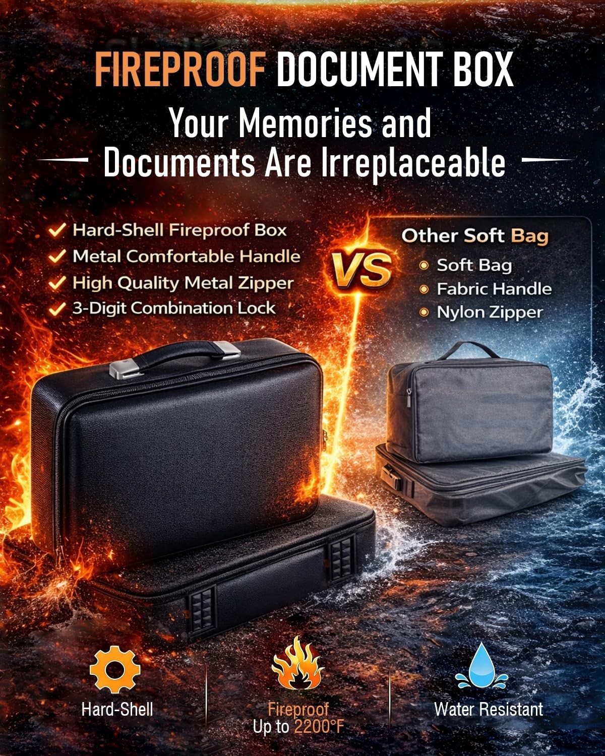 Fireproof Waterproof Document Box Safe with Lock - Hard-Shell Storage for Laptop