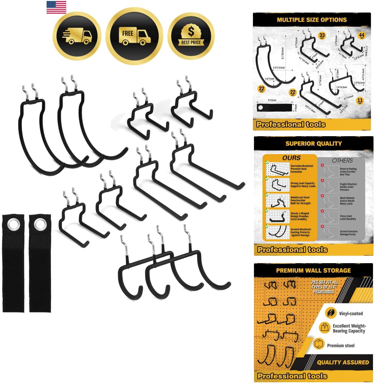 12-Piece Pegboard Hooks with Extension Straps, Heavy Duty Organizer Pegboard ...