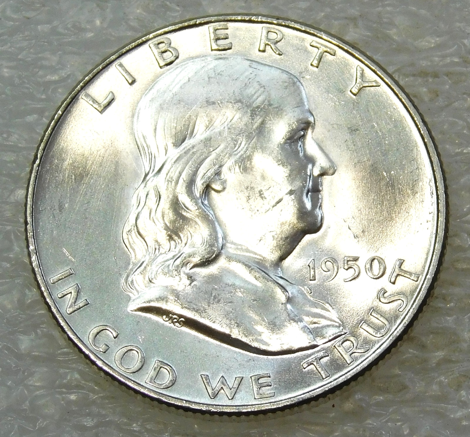 1950 D Franklin Half Dollar BU 95% FBL Frosty White Luster in saflip #E303