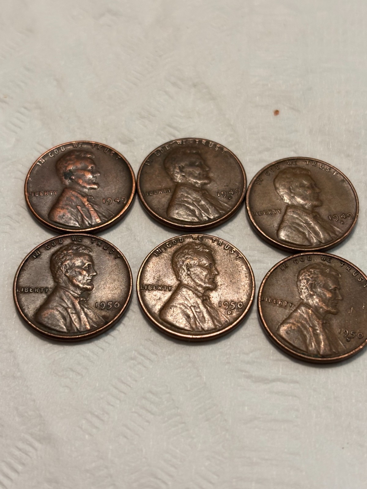 lincoln cents 6 coins 1949,1949d,1949s,1950,1950d,1950s 6 coins free shipping