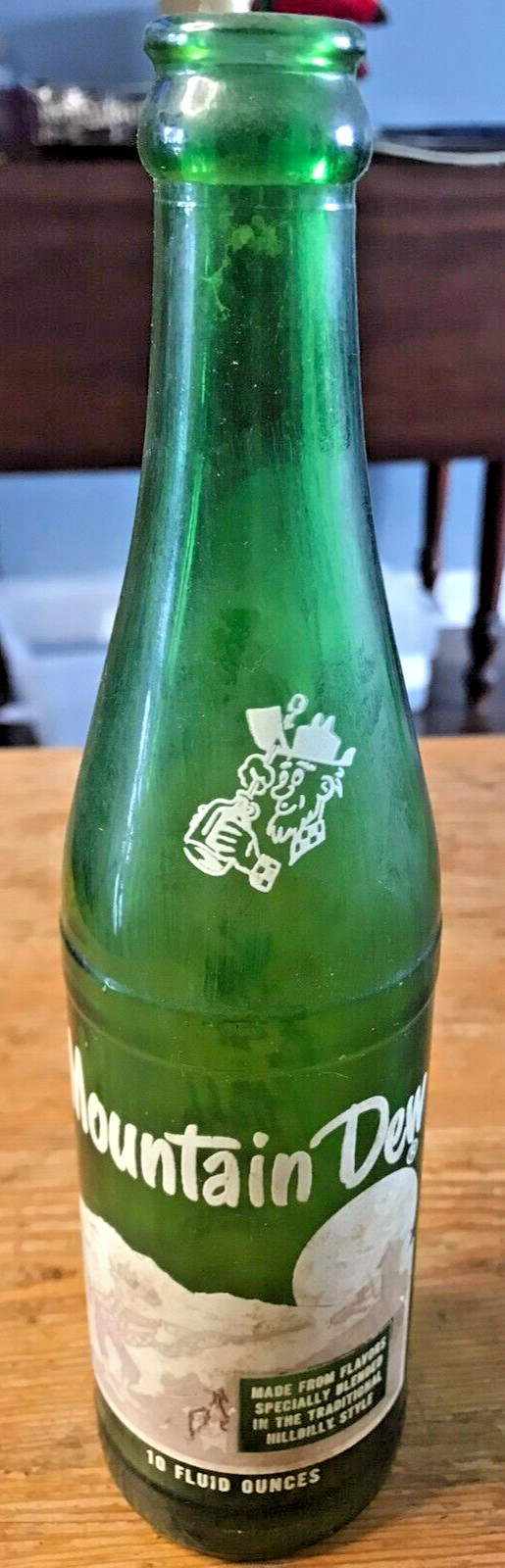 Vintage Mountain Dew Soda Bottle Green Glass Painted Label 10 oz 4