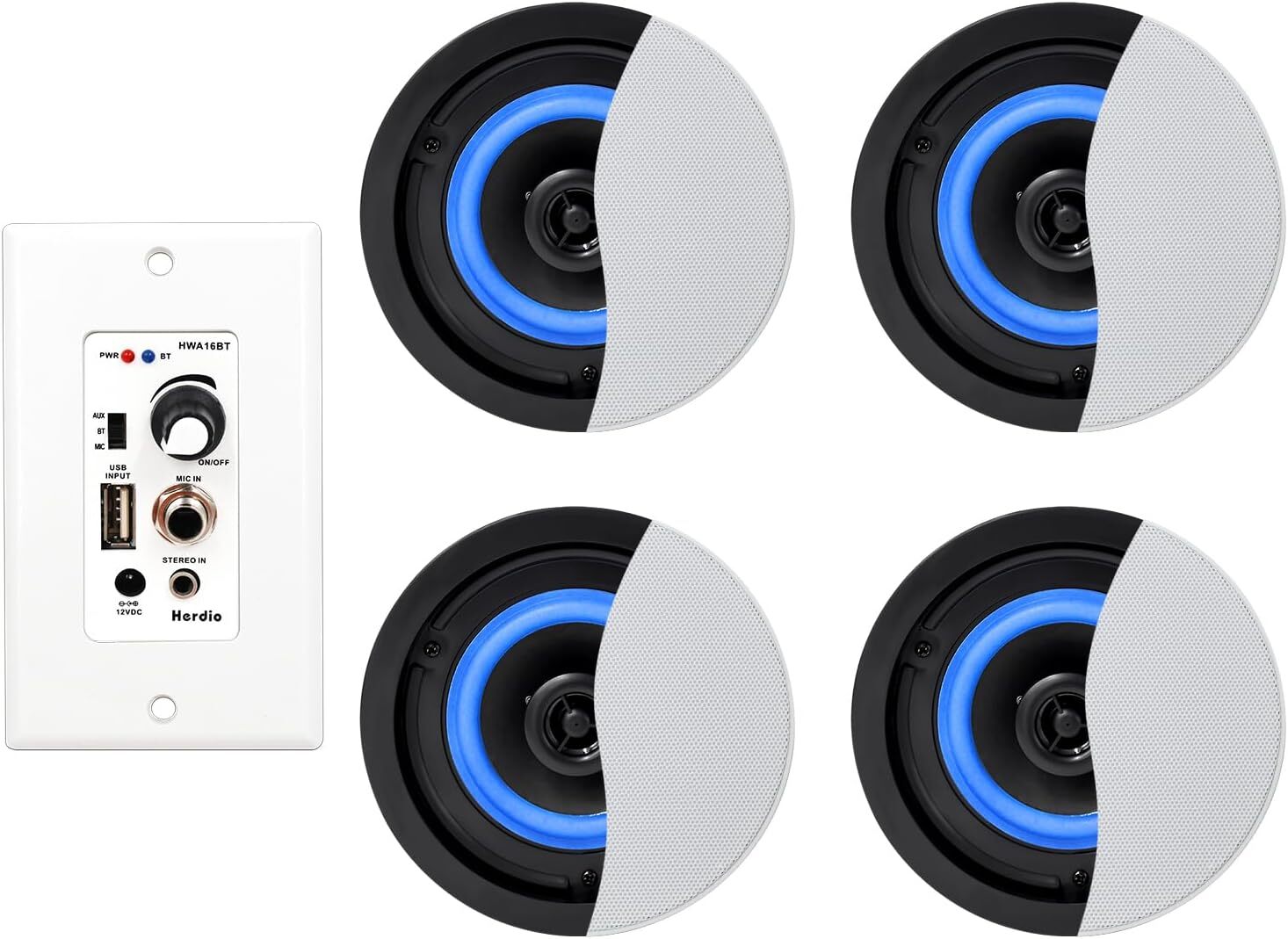Herdio 4" Flush Ceiling Speakers +4 Channel In Wall Bluetooth Amplifier Receiver